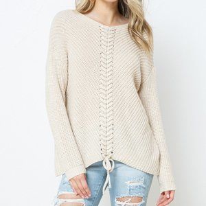 Ribbed Knit Round Neck Sweater with Center Lace-Up Detail